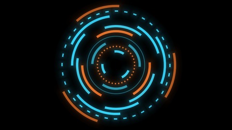 Arcs: Concentric rings of glowing arc segments turn at different speeds and in opposite directions, like a sci-fi HUD or a dial.