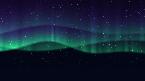 Aurora: Curtains of northern lights ripple and fold across a starry night sky, green at their hems and fading to violet above.