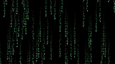 Code Rain: Columns of flickering computer glyphs rain down with bright heads and fading trails, see-through behind the glyphs so it can run over other layers.