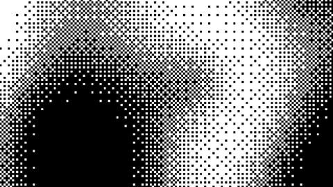 Dither: Moving gradients, rings, noise or plasma drawn in chunky Bayer-dithered pixels of two colours, a crisp 1-bit texture that reads on any projector.