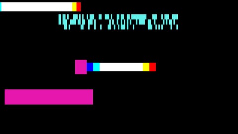Glitch: Bursts of digital corruption: blocks of colour, colour-split bars, noisy data strips and tear lines jumping around, see-through elsewhere so it can break up any layer below.