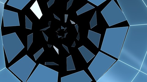 Shatter: The surface cracks like a struck pane of glass and its shards tumble away into the dark, revealing what is below, then fly back together.