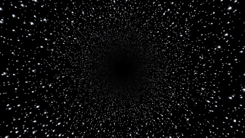 Starfield: Stars stream out of a vanishing point as if flying through space, from a slow drift to hyperspace streaks, see-through between the stars.