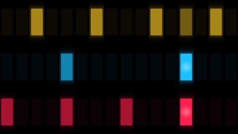 Step Sequencer: A drum machine’s grid of glowing pads that steps with the beat, kick, snare and hi-hat each in their own colour, flaring when the music’s own drums hit.