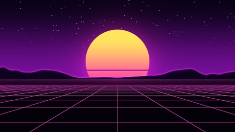 Synthwave: An 80s retro sunset: a striped neon sun sinking behind purple mountains while a glowing grid floor rolls toward you.
