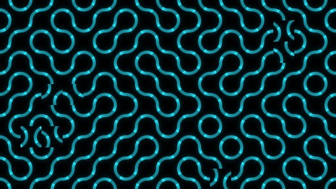 Truchet: Randomly turned tiles join into endless flowing curves, a maze or bold triangles, with light running along the lines and tiles now and then turning over.