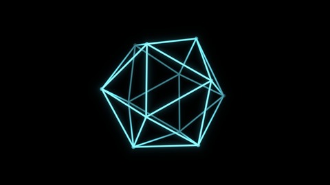Wireframe 3D: A cube, tetrahedron, octahedron, icosahedron, dodecahedron or globe drawn in glowing lines turns and tumbles in 3D, its far side dimmed.