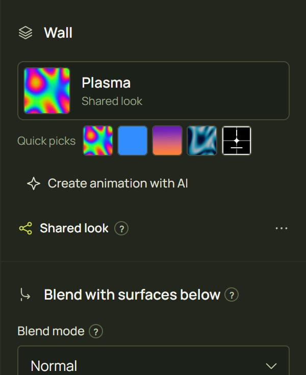 The top of the inspector: the Wall's look slot, quick picks, Create animation with AI and the shared-look line
