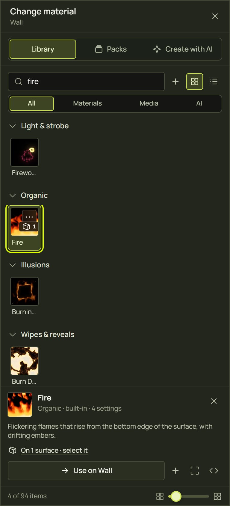 The details of the Fire look under the library grid