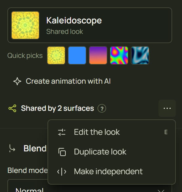 The Wall's shared-look line with its Look menu open: Edit the look, Duplicate look, Make independent