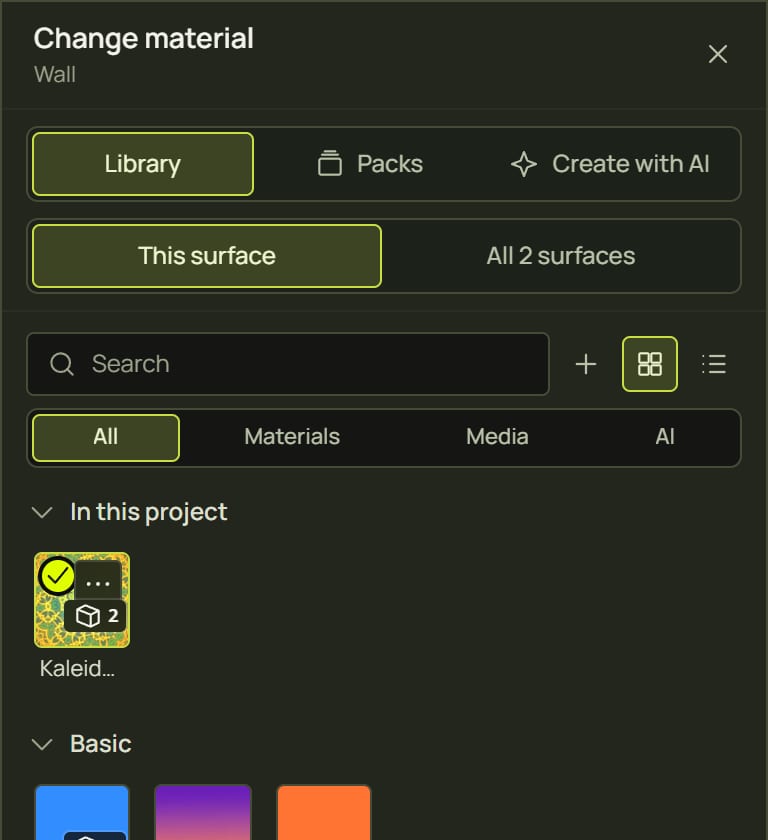 The top of the library with the Change the material for switch: This surface or All 2 surfaces