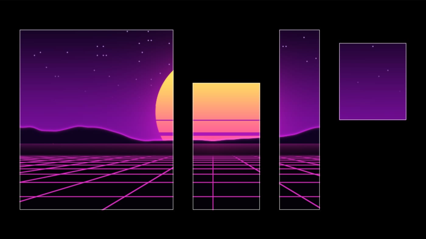 The Synthwave look spread across four surfaces as one picture