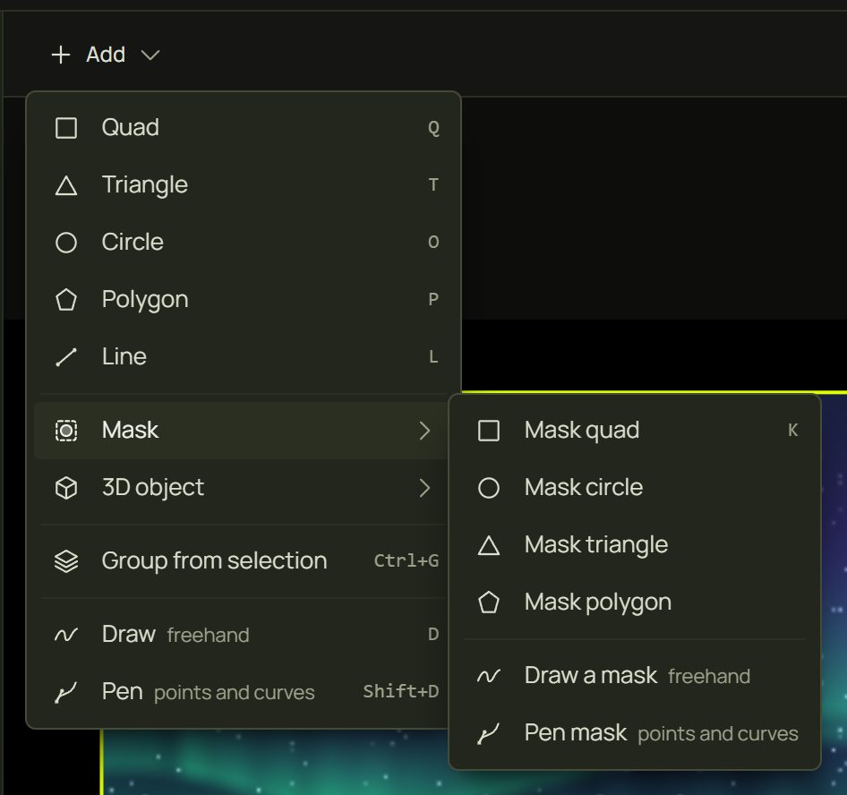 The Add menu with the Mask submenu open