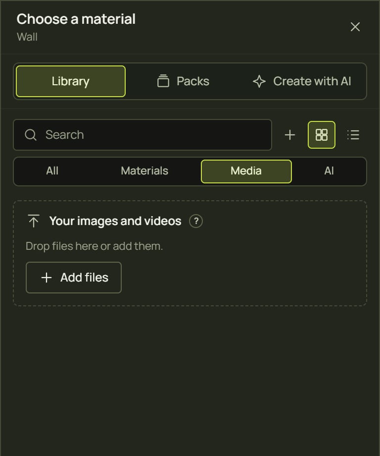The library showing only media, still empty, with an Add files button