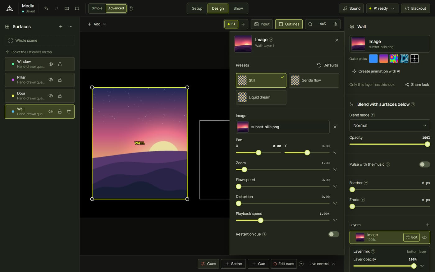 A sunset picture on the Wall, with the look panel for the Image look