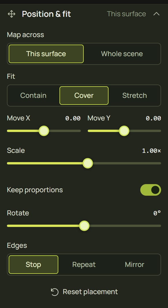 The Position and fit section of the inspector, open