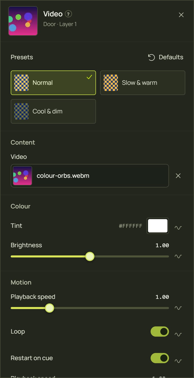 The look panel for the Video look