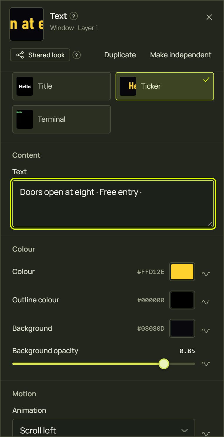 The look panel for the Text look with the Ticker preset and new words typed in