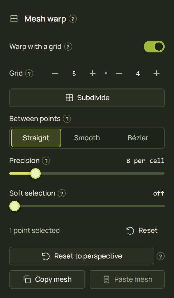 The Mesh warp section: Warp with a grid, Grid, Subdivide, Between points, Precision, Soft selection, Reset to perspective, Copy mesh, Paste mesh
