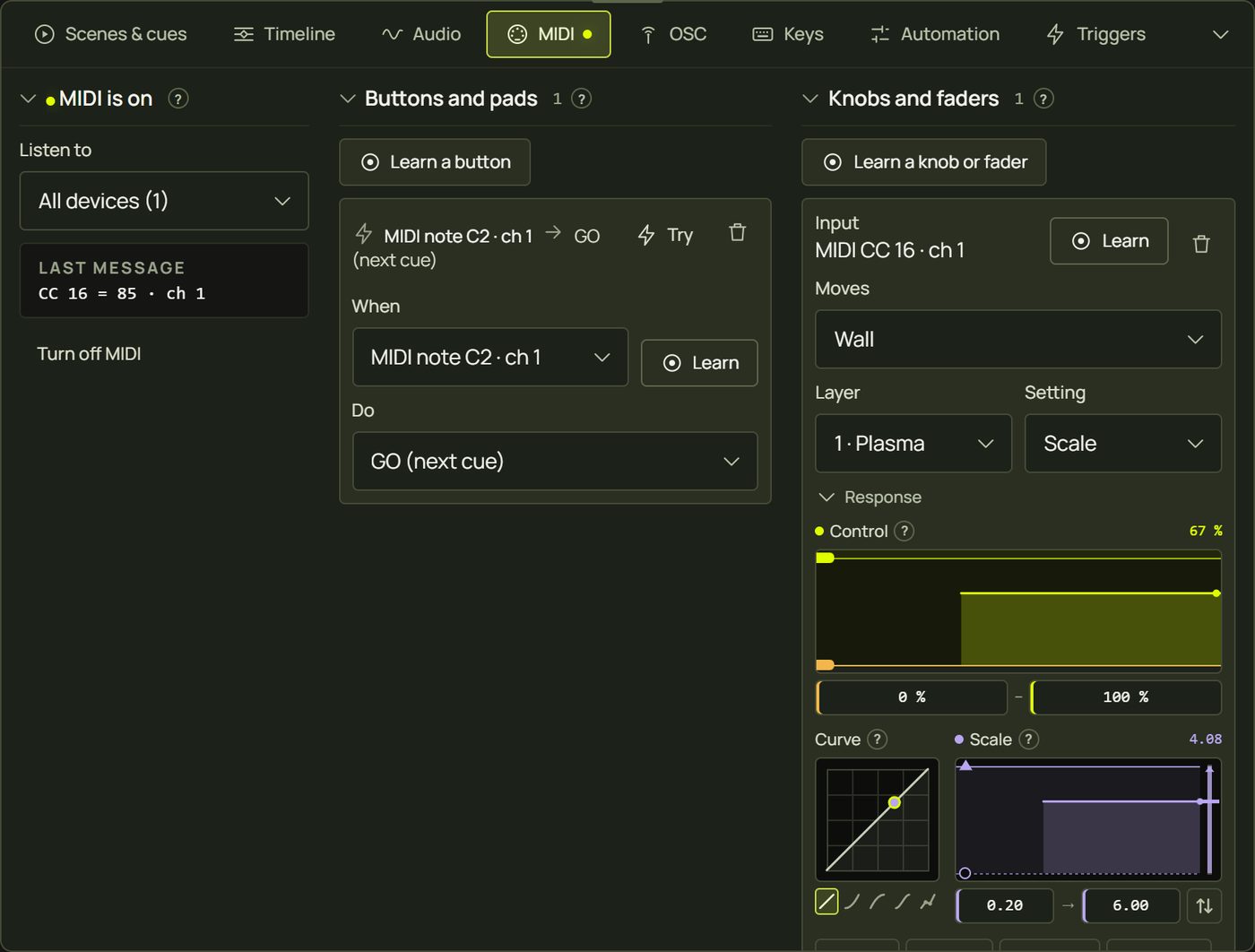 The MIDI tab: MIDI is on, a pad learned as GO, and a knob moving the Wall's Scale with its response