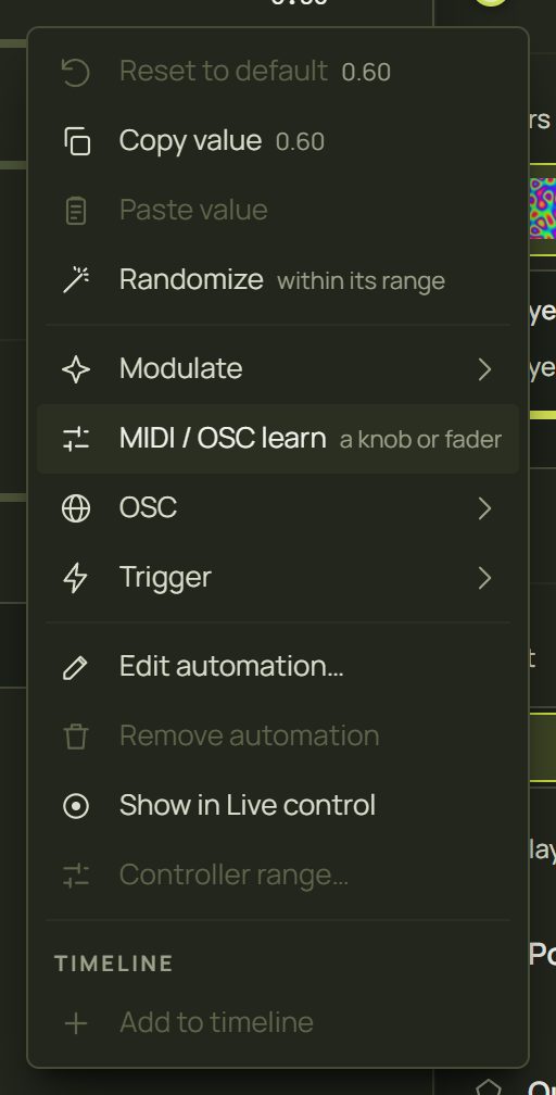 The setting's right-click menu with MIDI / OSC learn highlighted