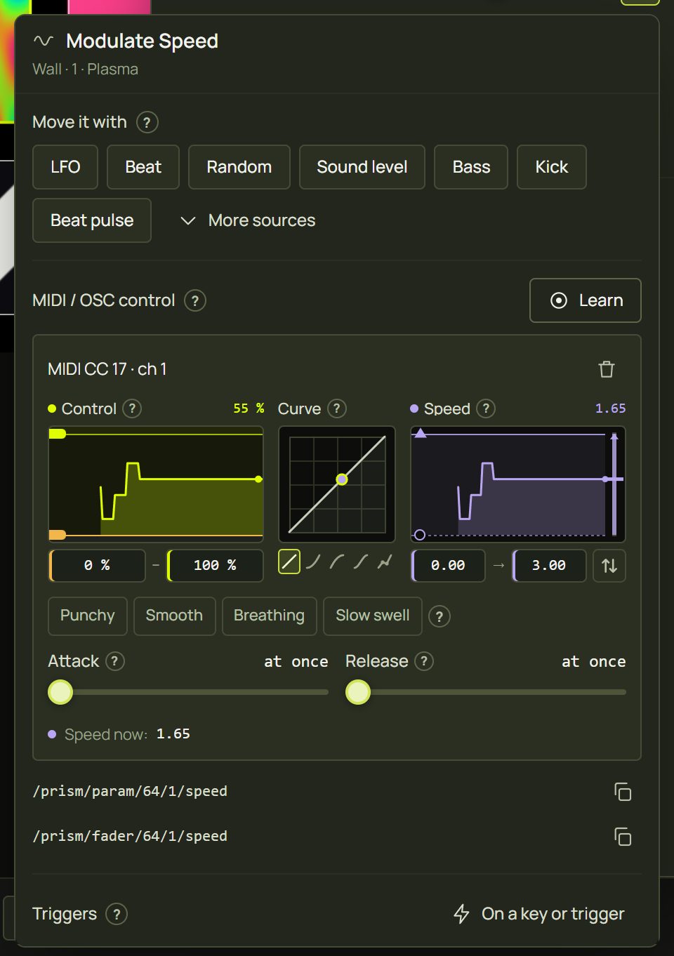 The Modulate Speed popover showing the MIDI CC 17 control with its response and the OSC addresses