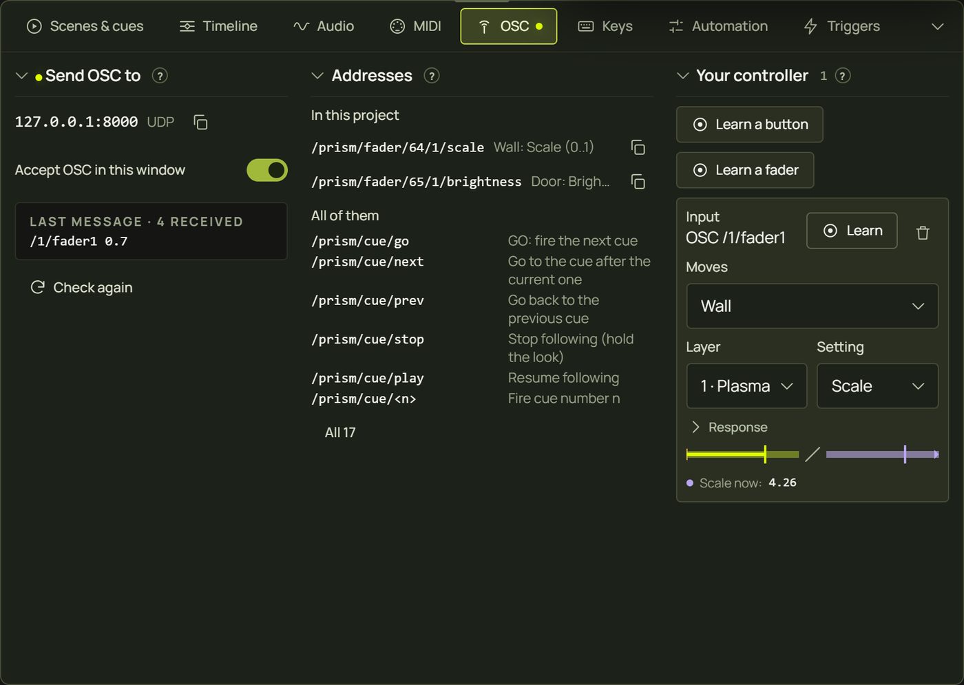 The OSC tab: Send OSC to 127.0.0.1:8000 UDP, addresses, and a learned TouchOSC fader moving the Wall's Scale