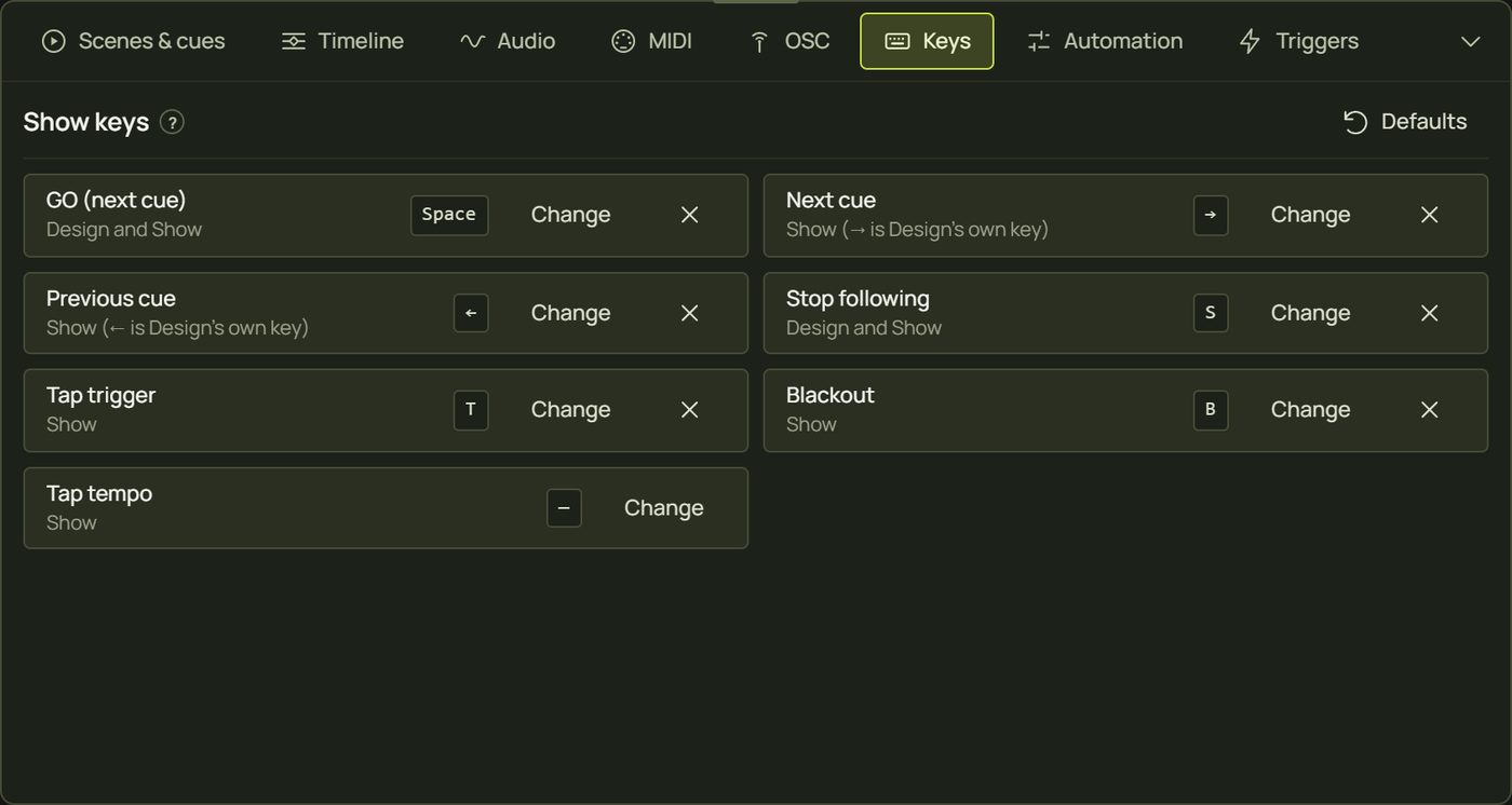 The Keys tab with GO Space, Next cue, Previous cue, Stop following S, Tap trigger T, Blackout B and Tap tempo