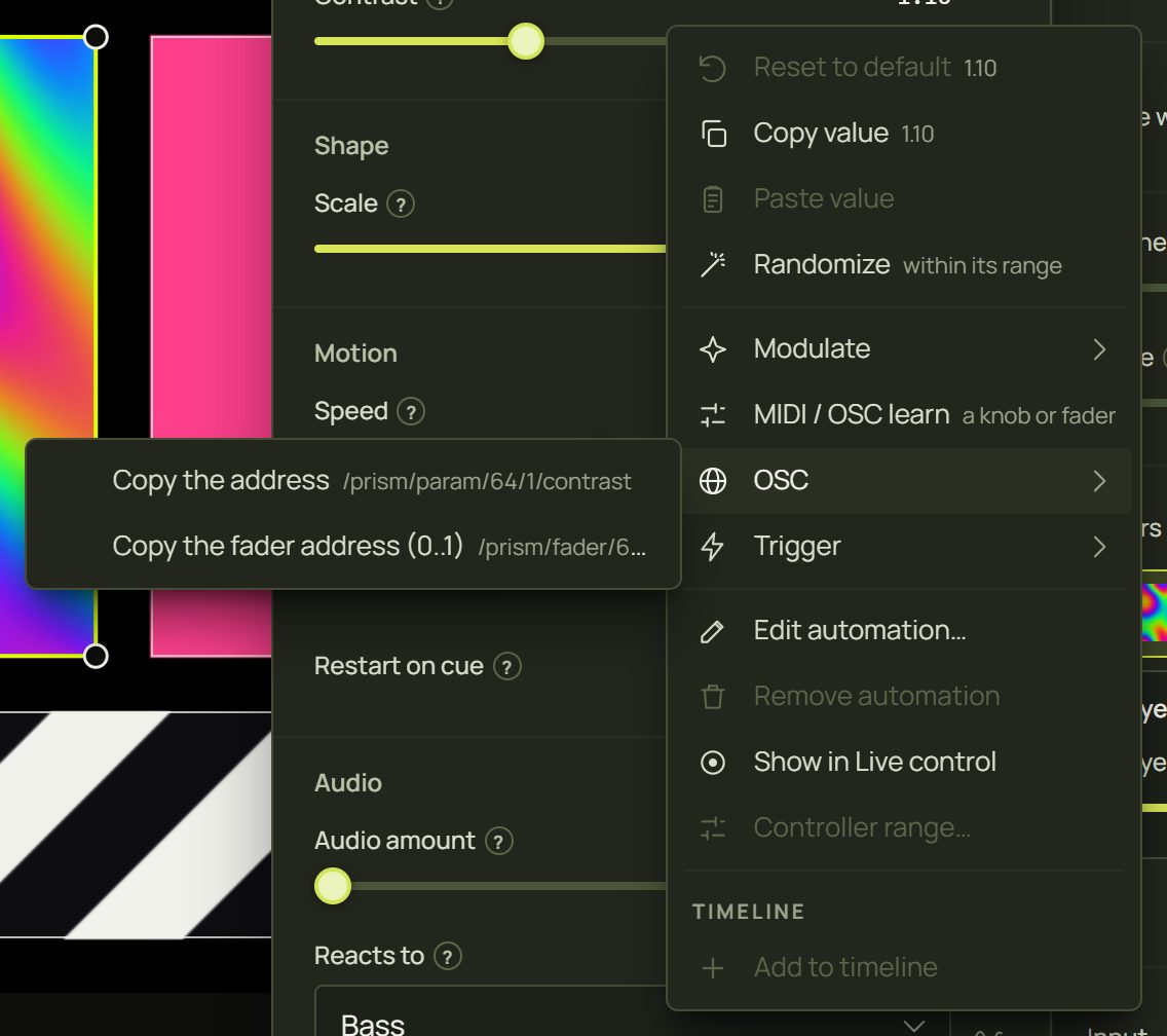 Right-click Contrast, OSC, Copy the address /prism/param/64/1/contrast and Copy the fader address