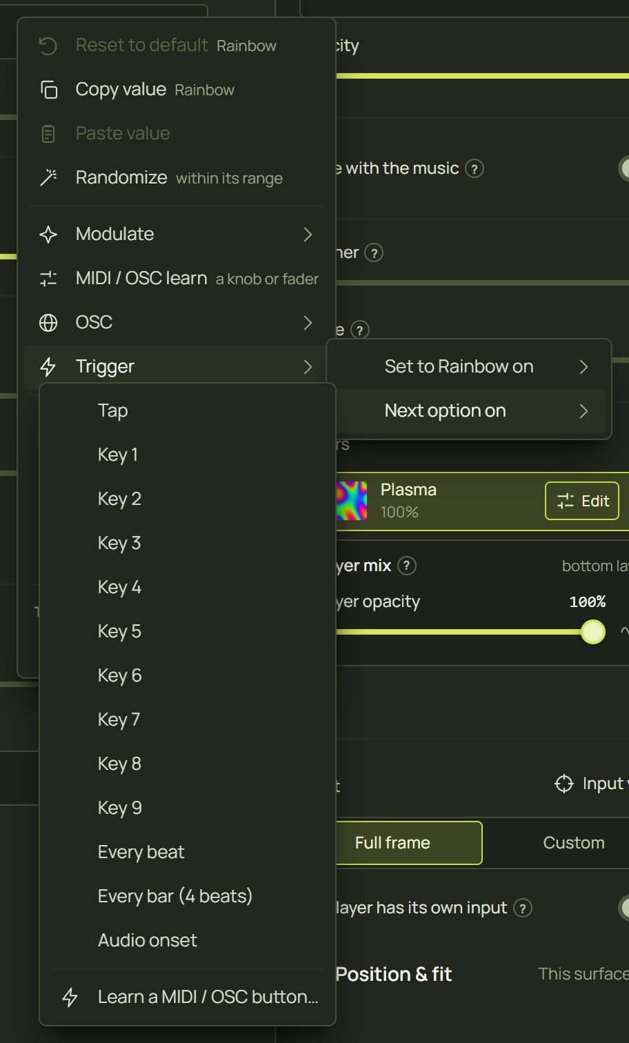 Right-click Palette, Trigger, Next option on, the list of inputs
