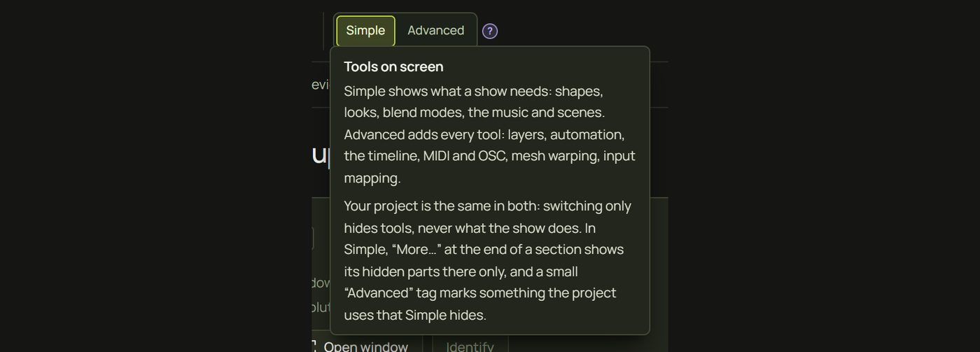 The Simple and Advanced switch in the top bar with its explanation open