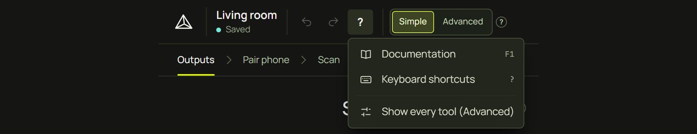 The Help menu in Simple: Keyboard shortcuts and Show every tool (Advanced)