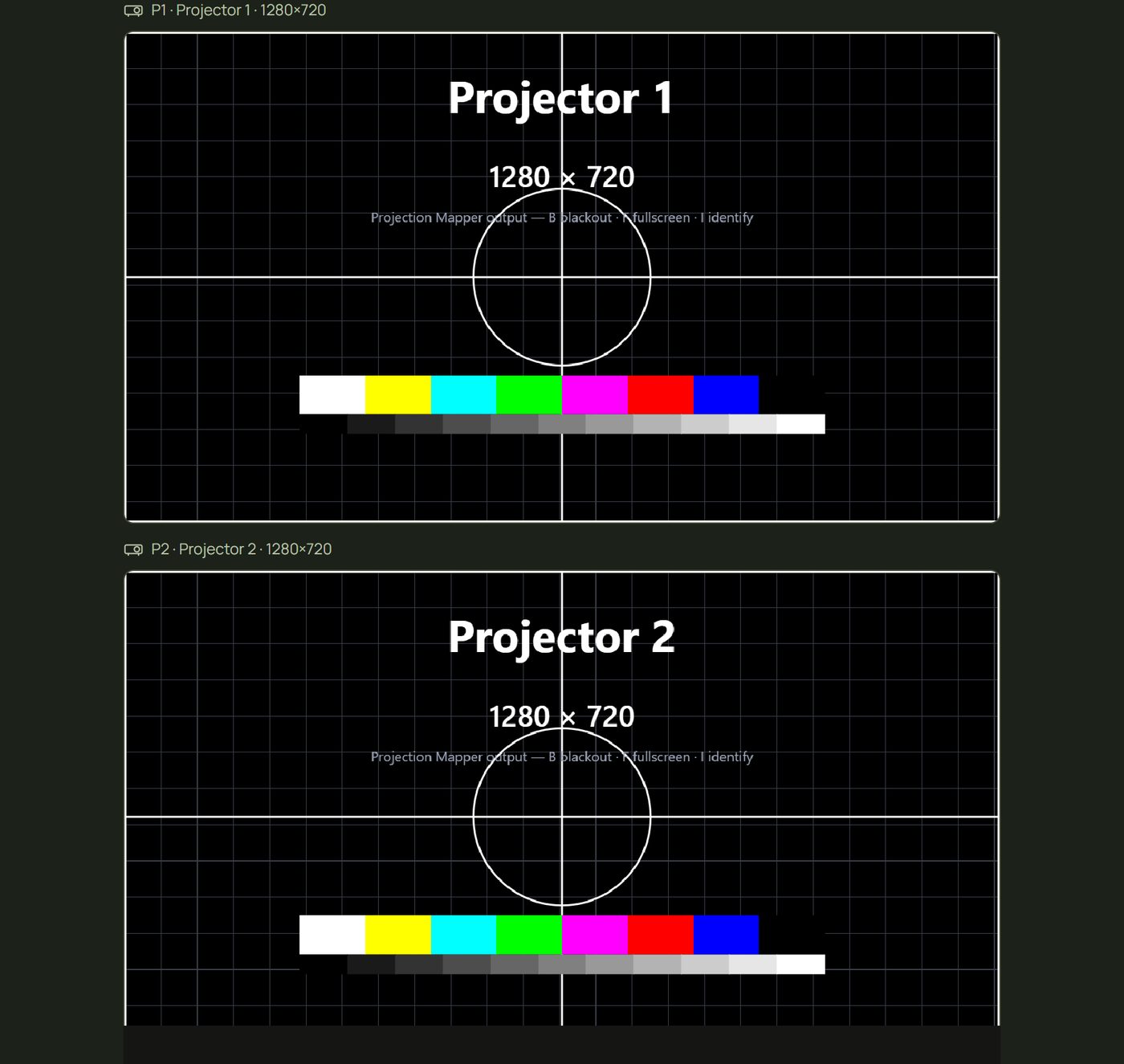 Two projector outputs showing Projector 1 and Projector 2 identify patterns