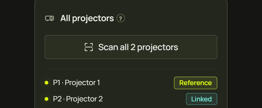 Scan all done: P1 Reference, P2 Linked, and the camera measured how the projectors overlap