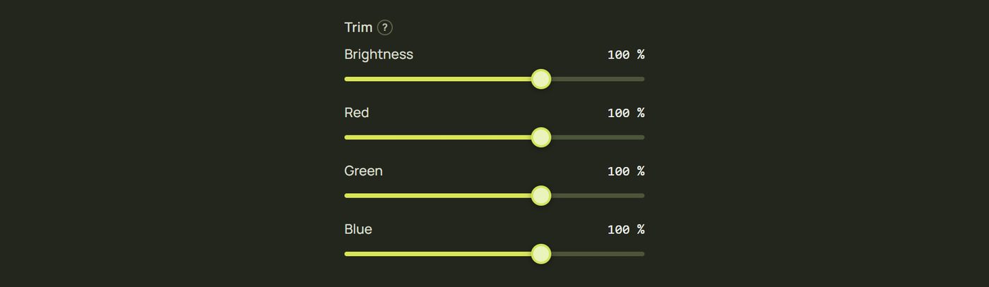 The Trim section: Brightness, Red, Green and Blue