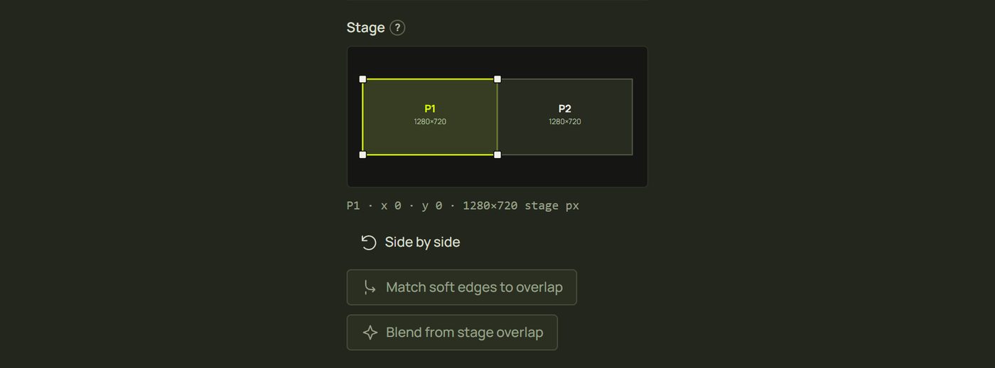 The stage editor with P1 and P2 frames and its buttons
