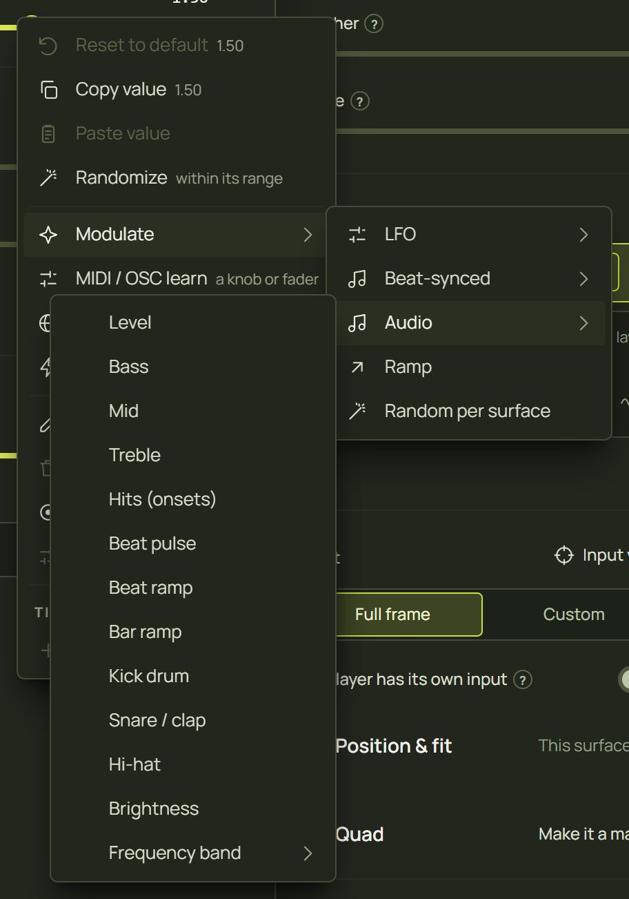 Right-click Scale, Modulate, Audio, the list of sound features