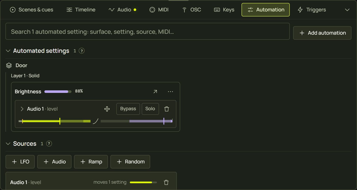 Live control Automation tab showing Door, Layer 1, Solid, Brightness moved by Audio 1 level