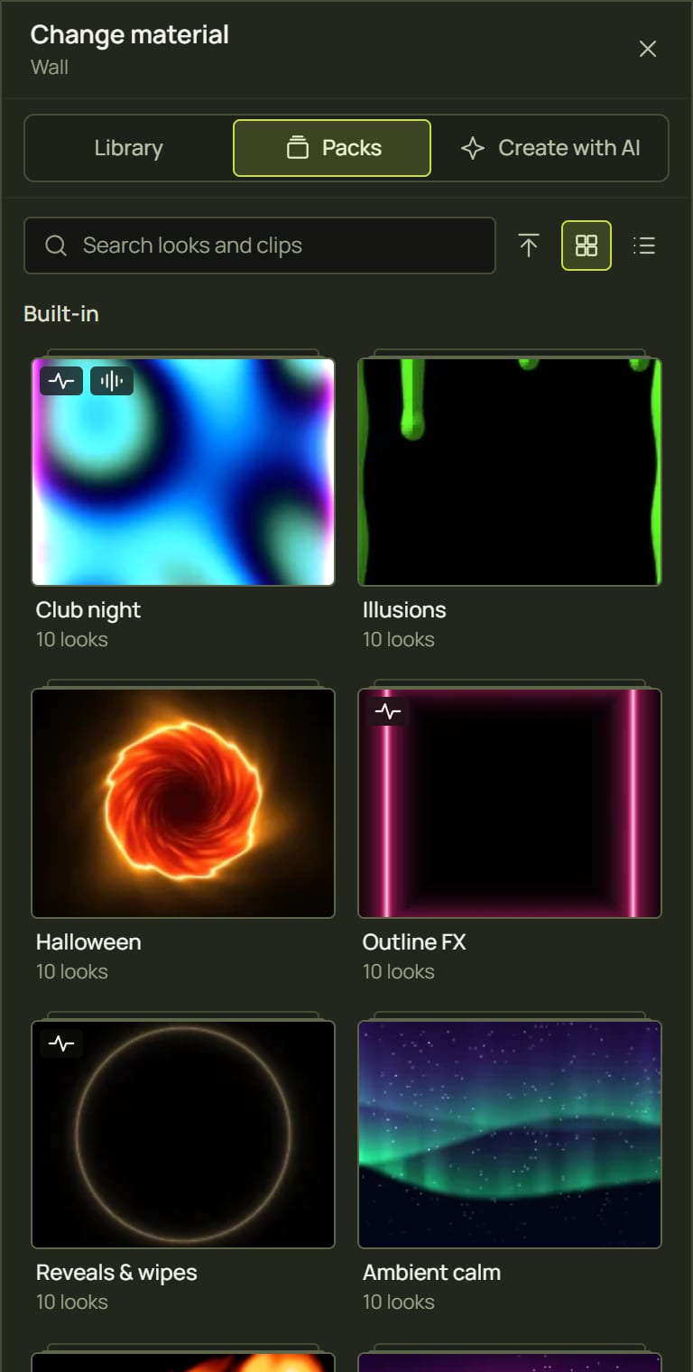 The Packs view with the built-in packs