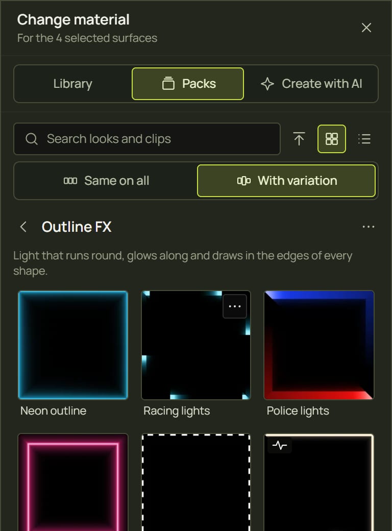 The Outline FX pack with four surfaces selected and With variation chosen