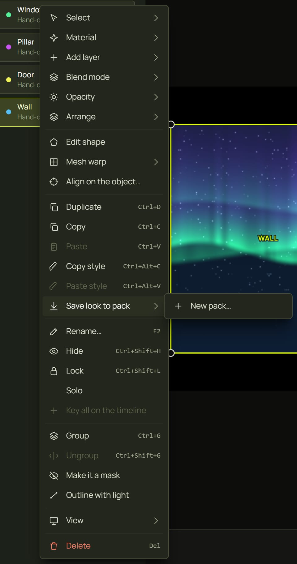 The surface's right-click menu with Save look to pack open