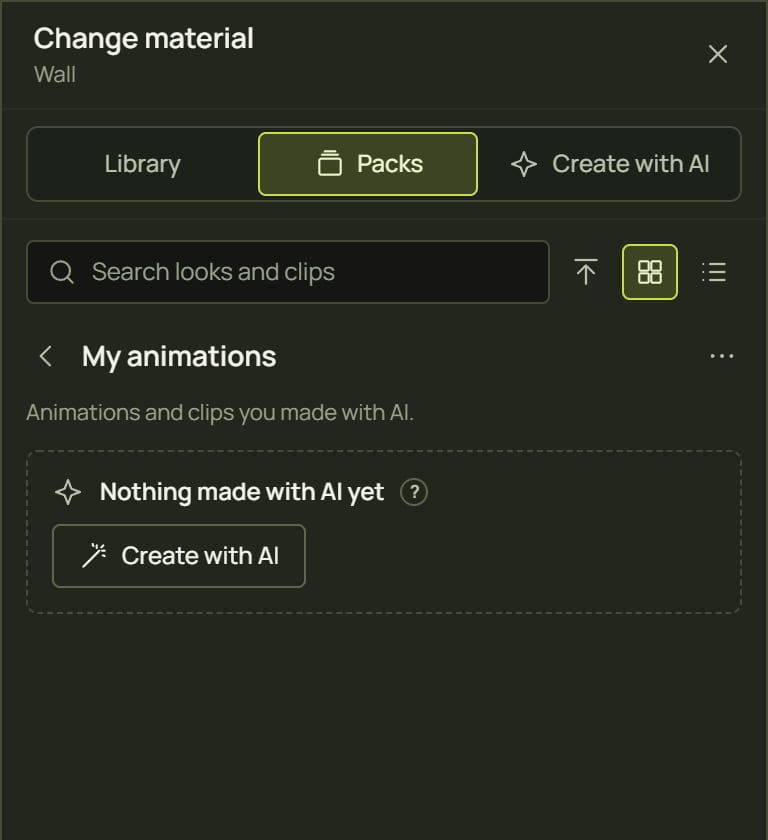 My animations, empty, with a Create with AI button
