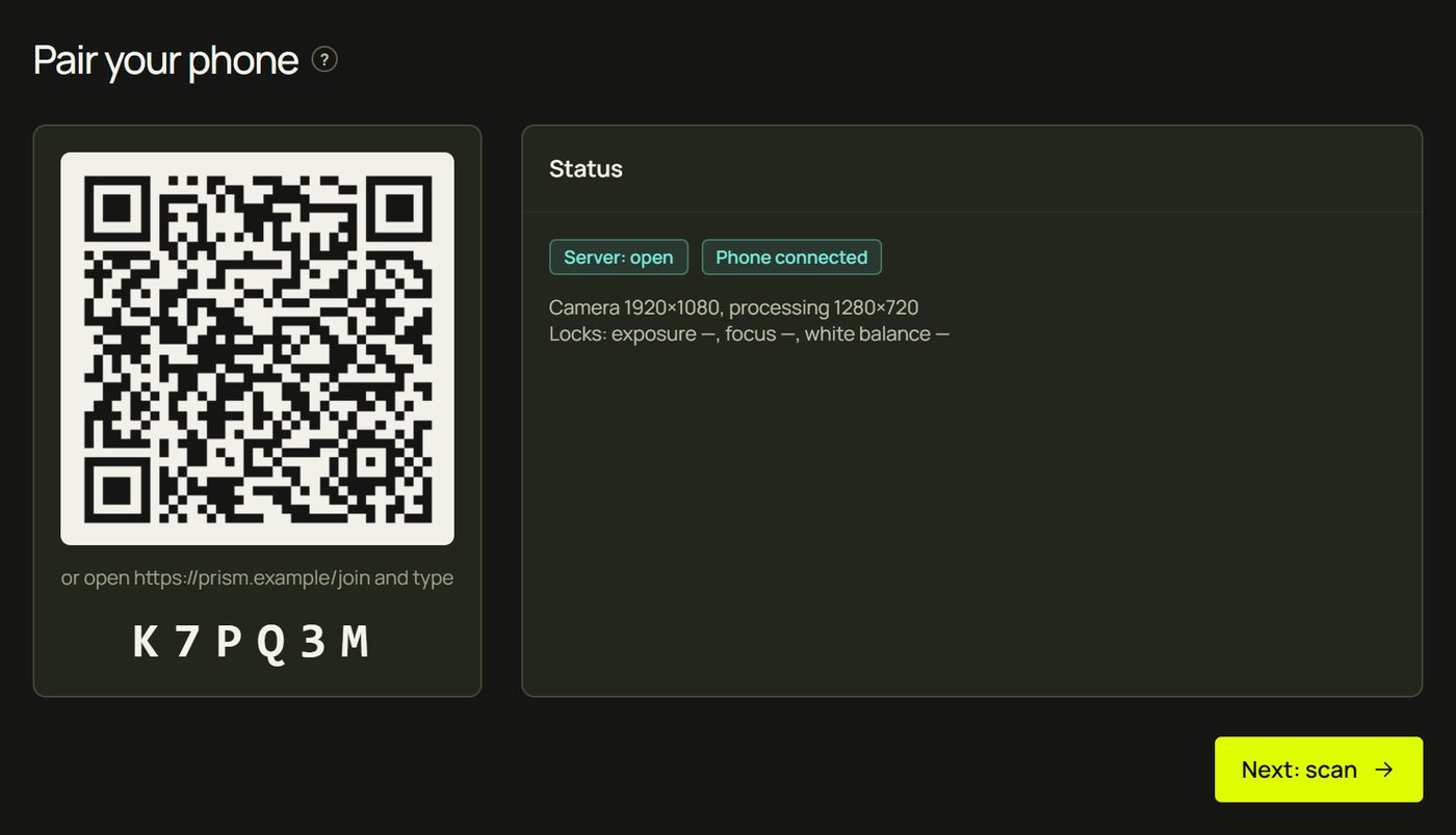 Pair your phone: the QR code, the room code, and Status: Server open, Phone connected