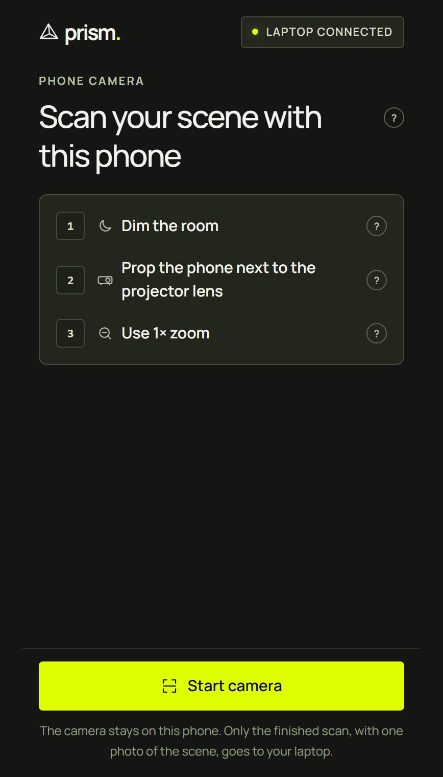 The phone's camera page: Scan your scene with this phone, three tips and Start camera