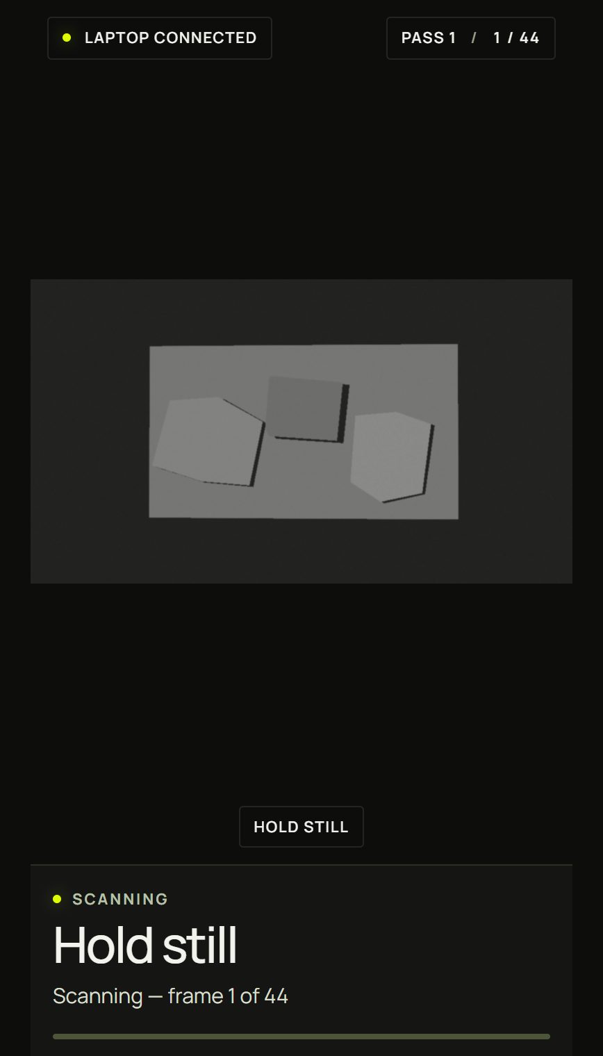 The phone during the scan: Hold still, Scanning, frame 1 of 44