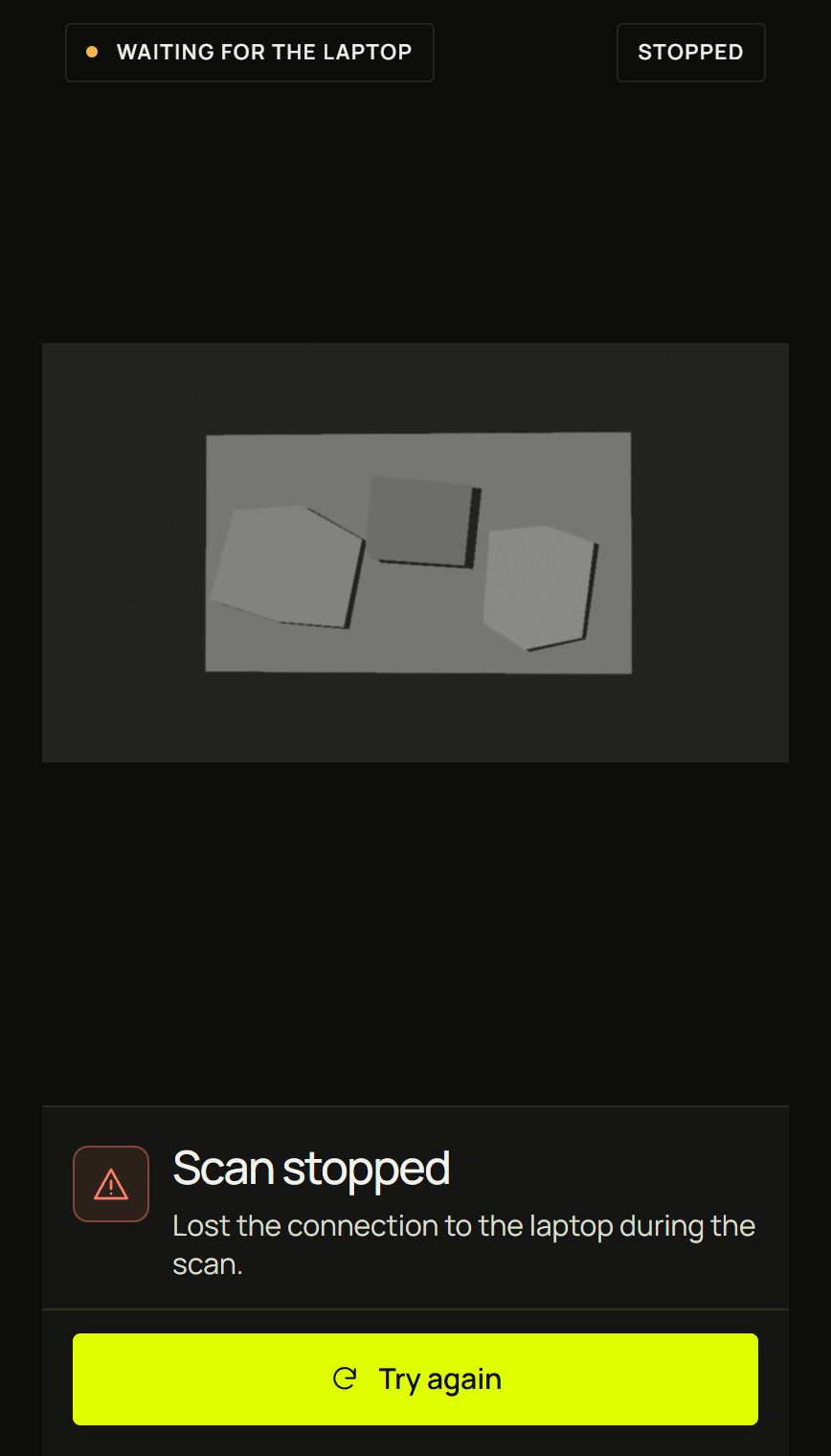 The phone: Scan stopped, Lost the connection to the laptop during the scan, Try again