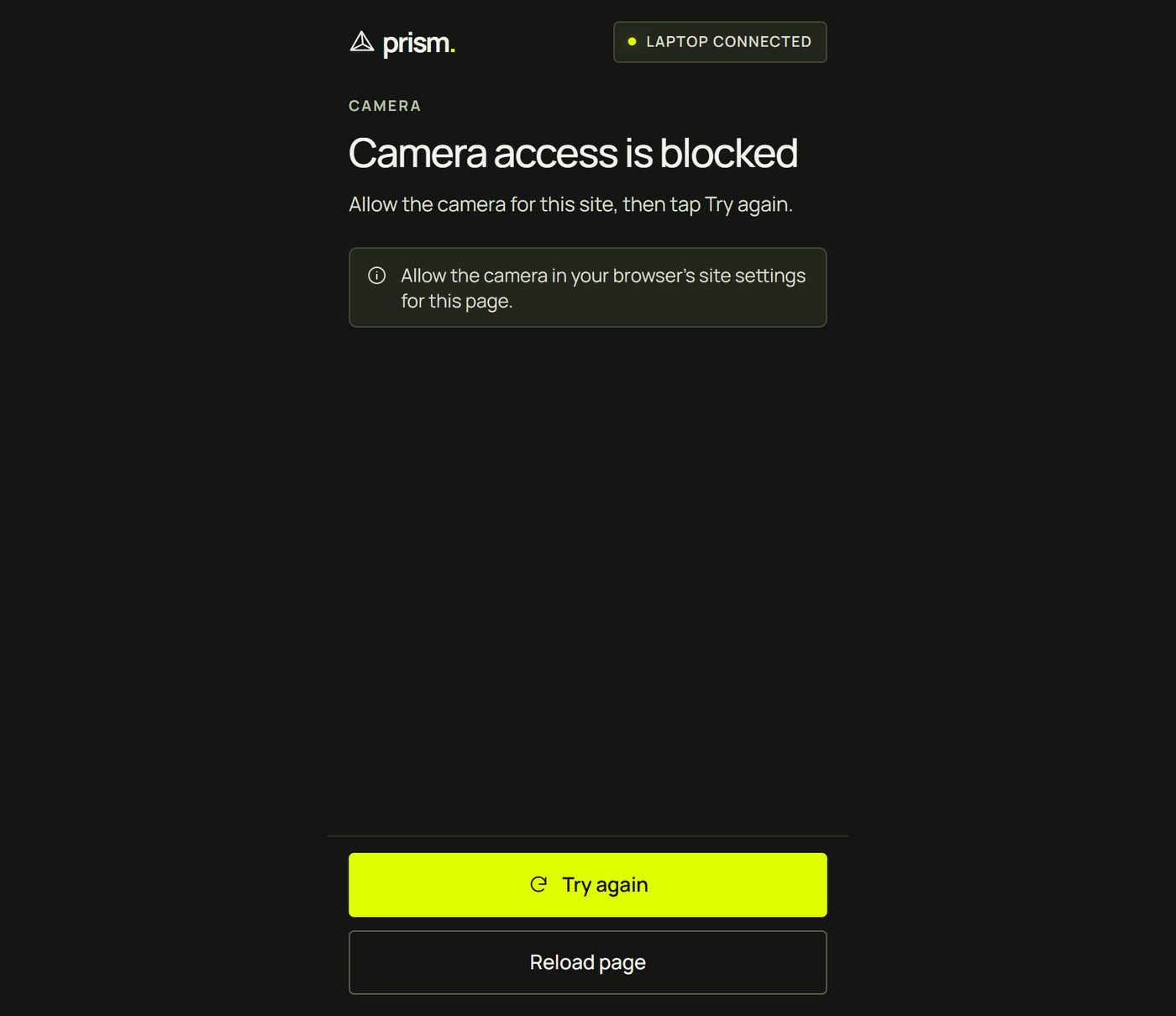 The phone: Camera access is blocked, with instructions and Try again