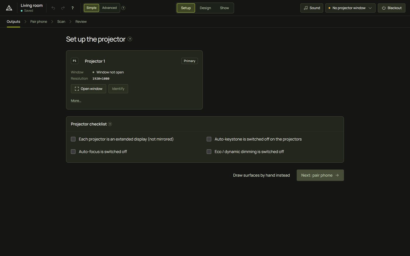 Setup, Outputs: the Projector 1 card with Open window and Identify, and the projector checklist