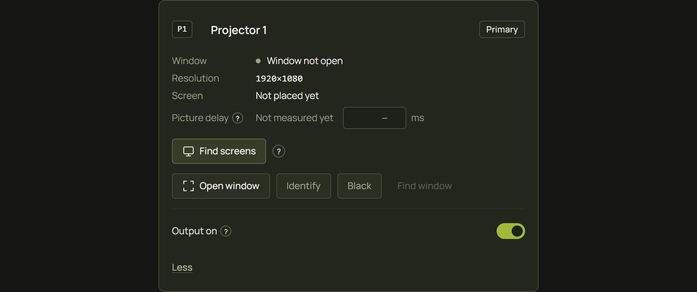 The projector card with More opened: screen, picture delay, Find screens, Black, Find window and Output on
