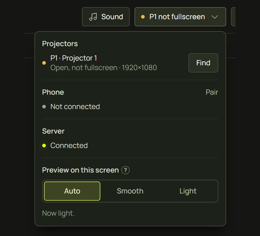 The status popover with Projectors, Phone, Server and Preview on this screen